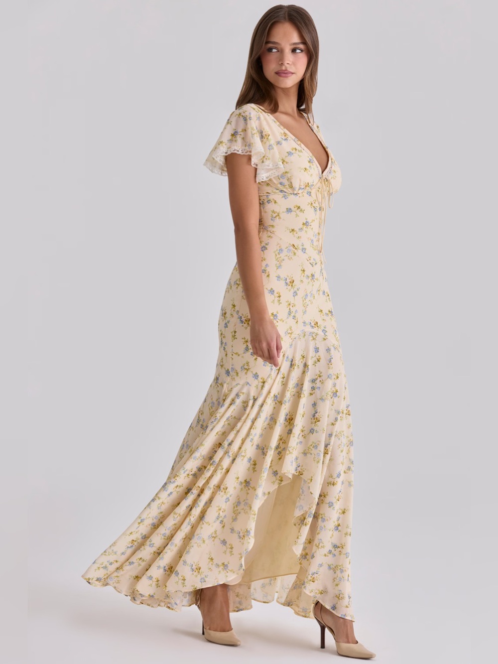 House of CB AMINA Lemon Floral Print Georgette Maxi Tea Dress NWOT - Picture 5 of 12